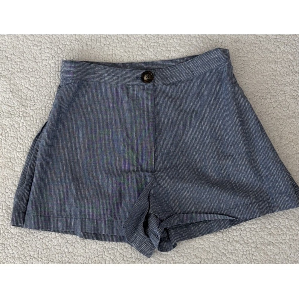Womens Blue Striped Linen Blend High-Rise Button Top Summer Shorts Preppy Size S
